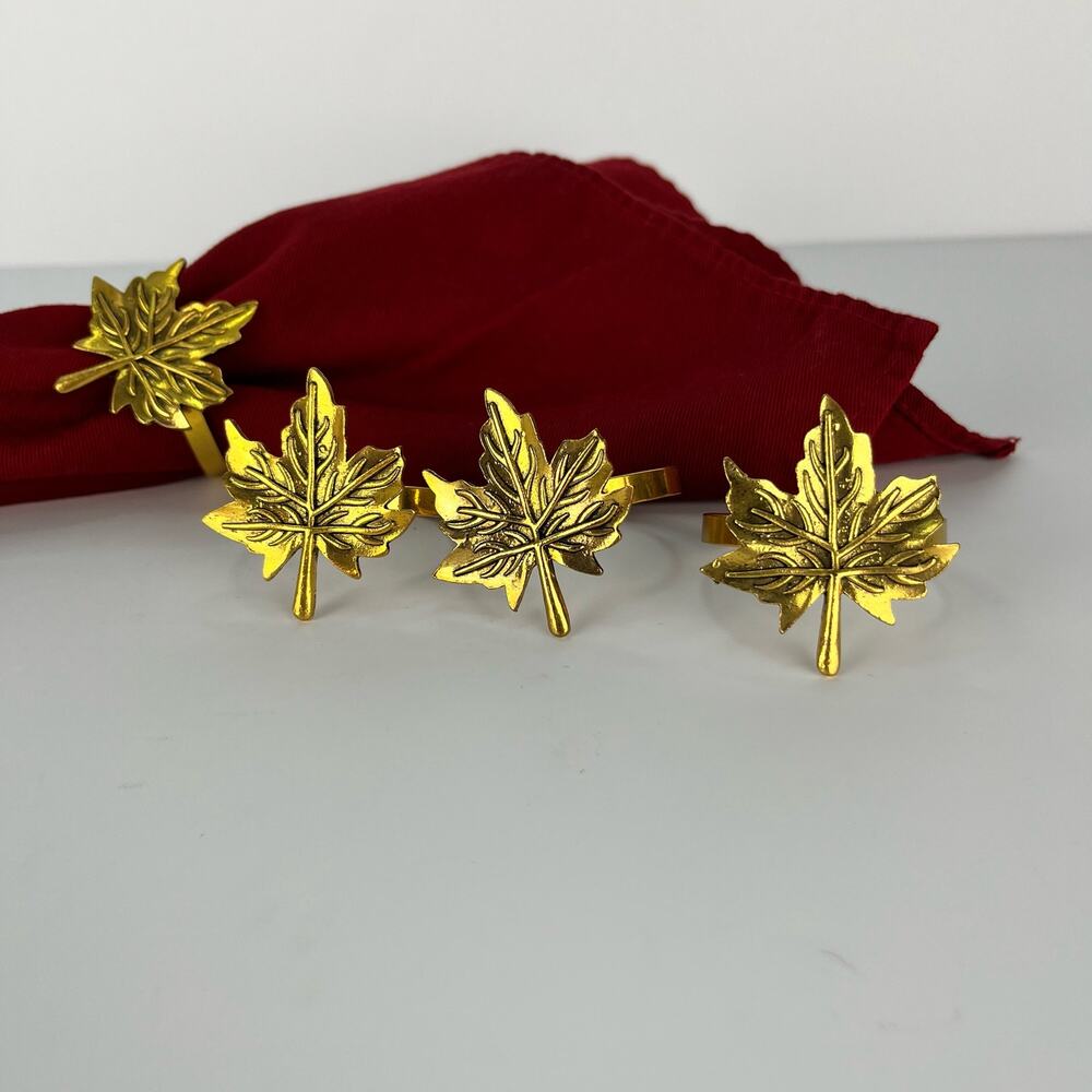 Vintage Brass Grape Leaf Napkin Ring Holder Decorative Table Placement Set of 4